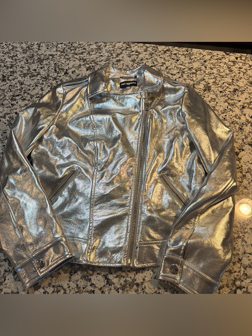 Karl lagerfeld Silver Metallic Moto Jacket - Women biker jacket